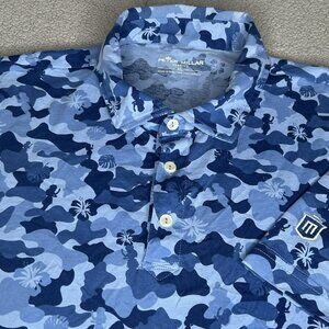 Peter Millar Polo Shirt Mens XL Blue Seaside Wash Camo Tropical Hula Hibiscus